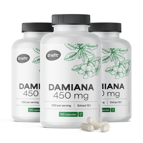 3x Damiana 450 mg – extract 10:1, totaal 300 capsules